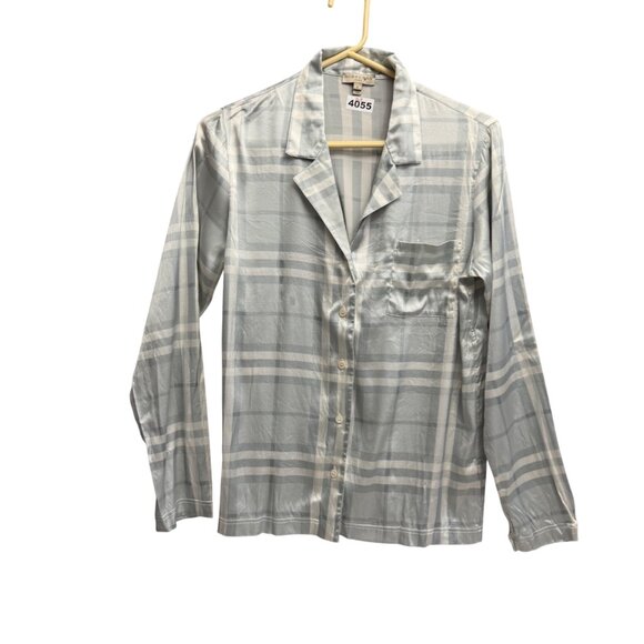 Burberry Womens Pajama Light Blue Plaid Silk Button-Up Shirt Small - Picture 1 of 8
